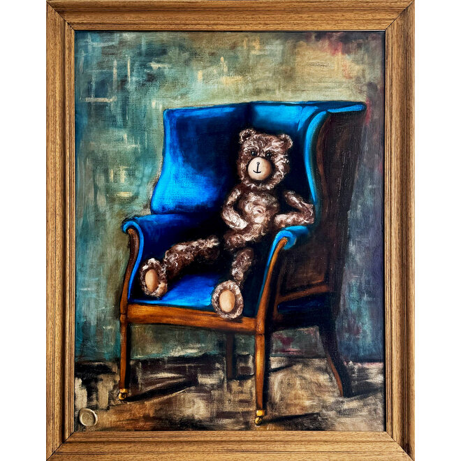 Olieverf schilderij- 80x100 cm -Rick Triest -Sir Bobby de teddybeer - Sir Bobby in a Hepplewhite wing chair from Ralph Lauren