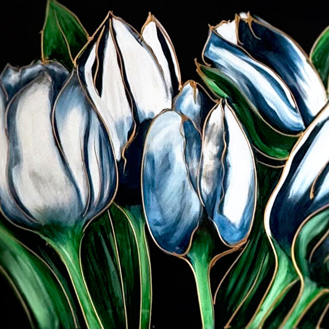 Painting  -100x200 cm - Rick Triest - Tulp Mania - Delft tulips with Prussian Blue