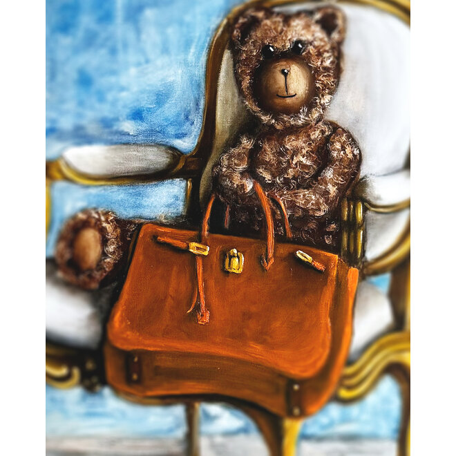 Oil Painting - Rick Triest - 80x100 cm - Sir Bobby the Teddybear - Lady Bobby  met haar Hermes Birkin bag