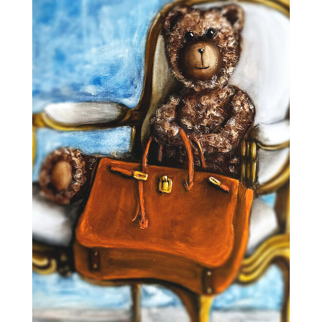 Olieverf schilderij- 80x100 cm -Rick Triest -Sir Bobby de teddybeer- Lady Bobby  met haar Hermes Birkin bag