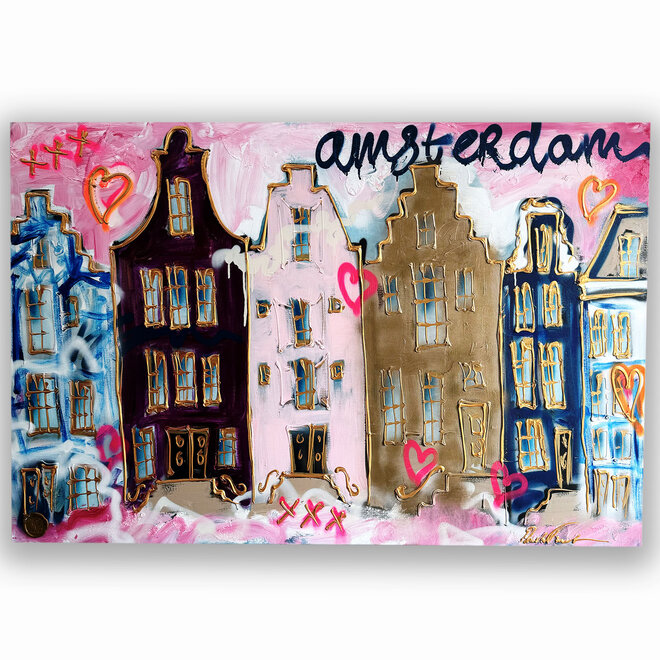 Painting- 100x150cm - Amsterdam Herengracht -pink neon and gold #1