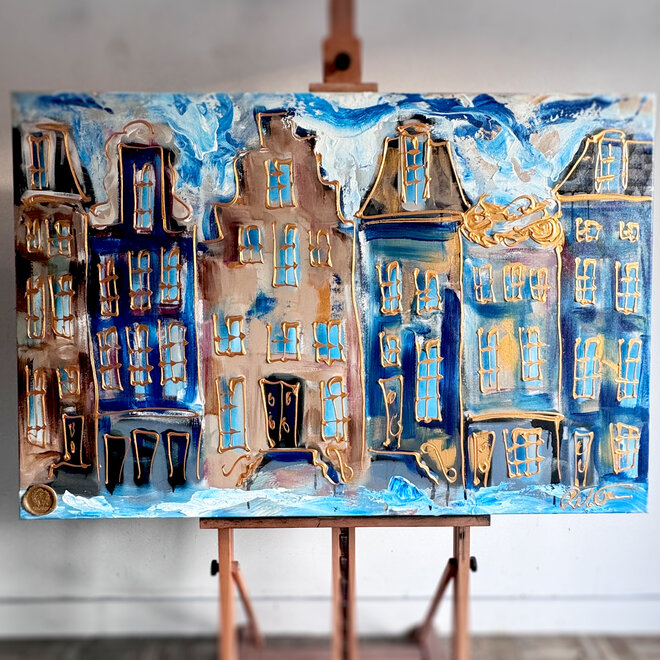 Painting- 80x120 cm - Rick Triest - Amsterdam Herengracht -Blue & Gold