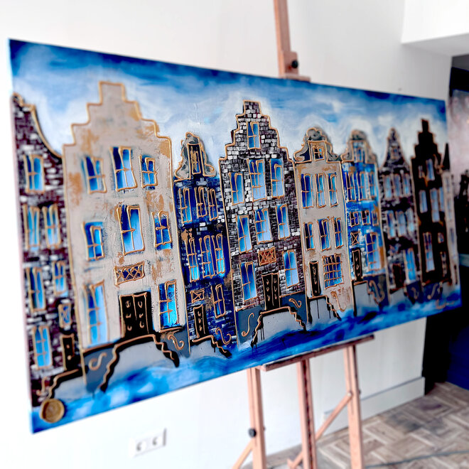 Schilderij- 100x200cm - Rick Triest - Amsterdam Herengracht - Blue & Gold -XXL - 2