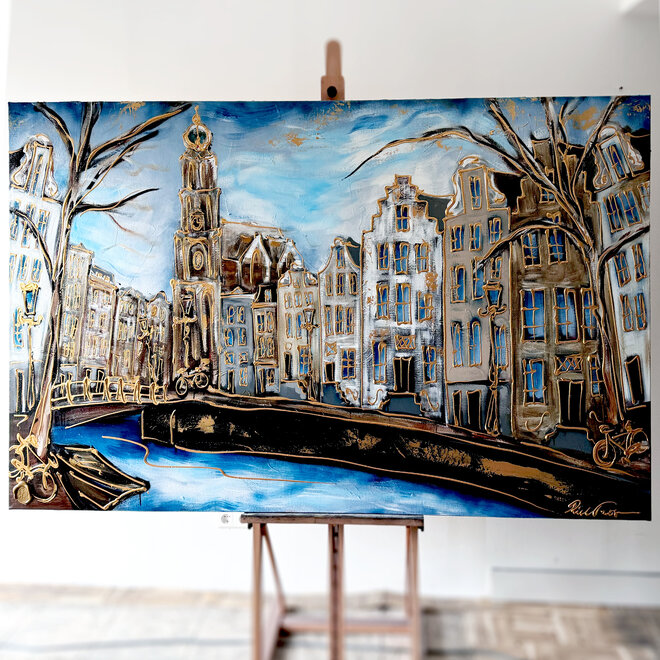 Schilderij-120X200cm - Amsterdam Prinsengracht - Westerkerk - Prussian blue