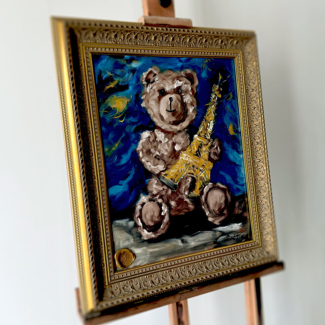 Olieverf schilderij- 40x50 cm -Rick Triest -Sir Bobby de teddybeer -  ''Sir Bobby and his souvenir from Paris'' incl frame