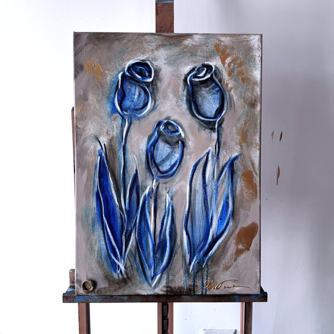 Schilderij -50x70 cm - Rick Triest - Tulip Delft blue from sennelier with Lime wash #4