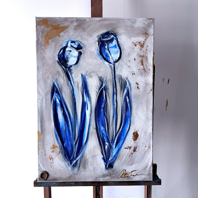 Schilderij -50x70 cm - Tulp Mania - Tulip Delft blue from sennelier with Lime wash #5