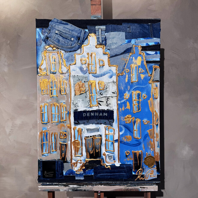 Painting- 60x80 cm -Amsterdam denim jeans Series- Grachtengordel Blue & Gold #2