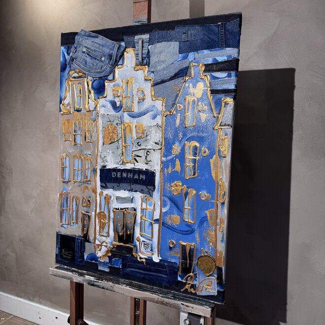 Schilderij- 60x80 cm - Rick Triest - Amsterdam denim jeans Series- Grachtengordel Blue & Gold #2