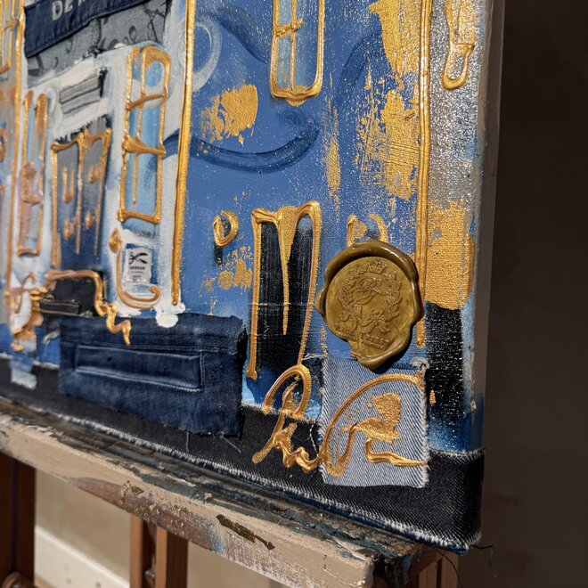 Schilderij- 60x80 cm - Rick Triest - Amsterdam denim jeans Series- Grachtengordel Blue & Gold #2