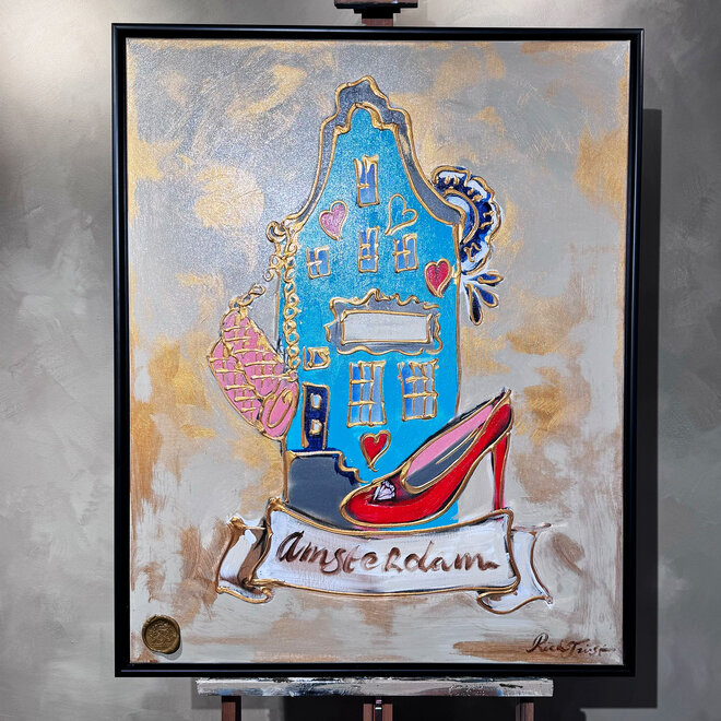 Painting-  80x100 cm - Rick Triest - Amsterdam Canalhouses -  Shopping