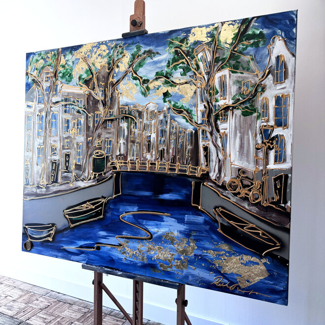 Painting- 120x150cm - Rick Triest - Amsterdam Keizersgracht -Denim Blue & Gold