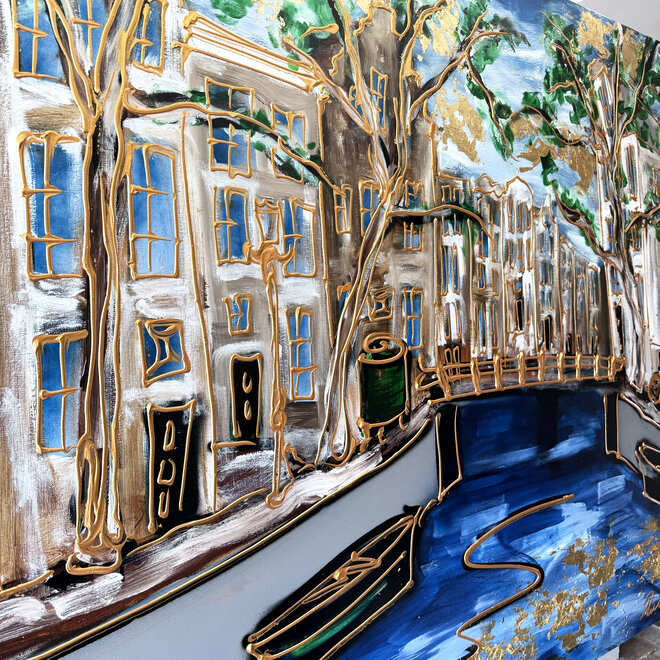 Painting- 120x150cm - Rick Triest - Amsterdam Keizersgracht -Denim Blue & Gold