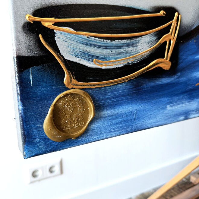 Schilderij- 120x150cm - Rick Triest - Amsterdam Keizersgracht -Denim Blue & Gold