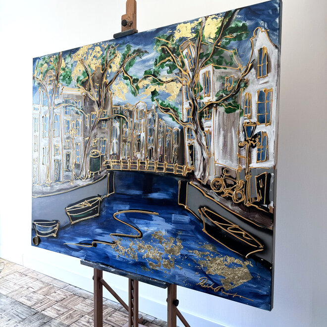 Schilderij- 120x150cm - Rick Triest - Amsterdam Keizersgracht -Denim Blue & Gold