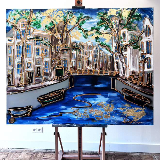 Painting- 120x150cm - Rick Triest - Amsterdam Keizersgracht -Denim Blue & Gold