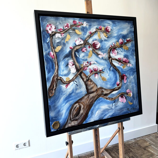 Schilderij- 80x80 cm -Rick Triest - Almond Blossom - Prussian Blue & Gold