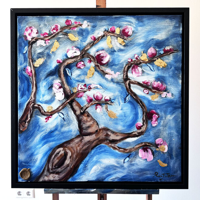 Schilderij- 80x80 cm - Almond Blossom - Prussian Blue & Gold