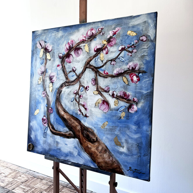 Schilderij- 100x100 cm -Rick Triest - Almond Blossom - Prussian Blue & Gold