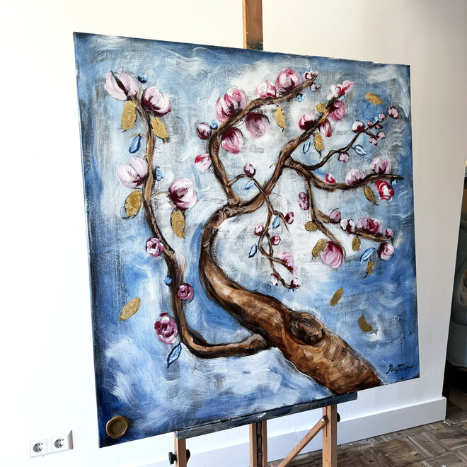 Schilderij- 100x100 cm -Rick Triest - Almond Blossom - Prussian Blue & Gold