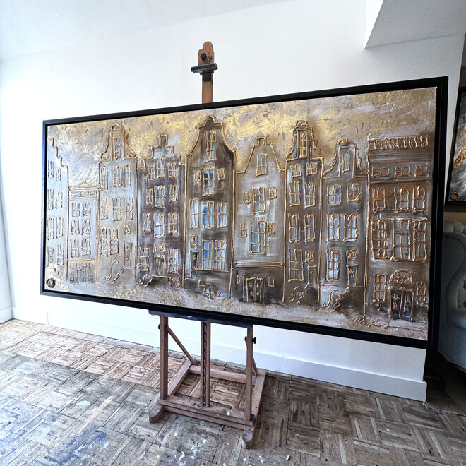 Schilderij - 100x200 cm - Rick Triest - Amsterdam Herengracht - White wash & Goldleaf - Raw Umber #4