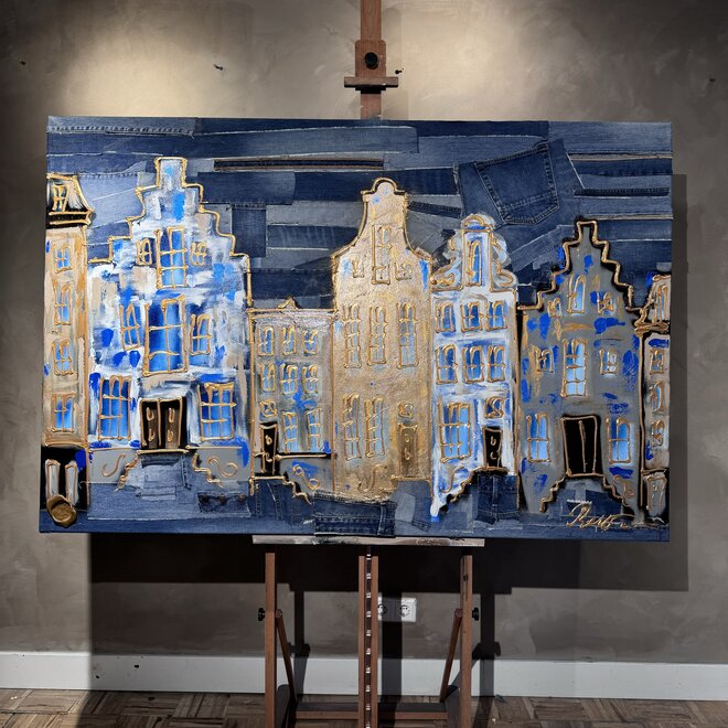 Painting- 100x150 cm  - Amsterdam denim jeans Series- Grachtengordel Blue & Gold