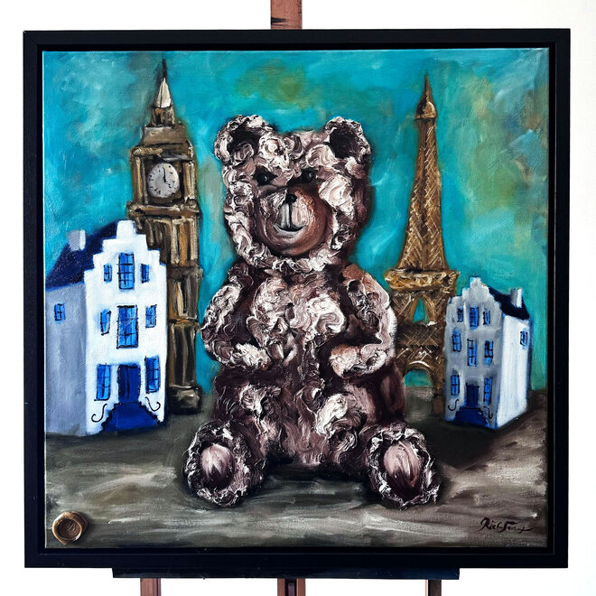 OiPainting - Rick Triest - 80x80 cm - Bobby the Teddybear -Classic  Bobby -impasto - Travel memory's