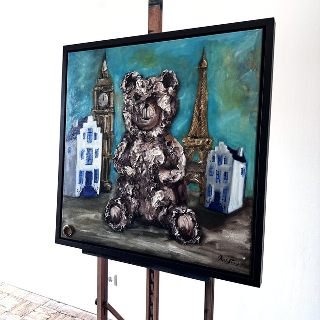 Olieverf schilderij- 80x80 cm -Rick Triest -Bobby de teddybeer -Classic  Bobby -impasto -Travel memory's