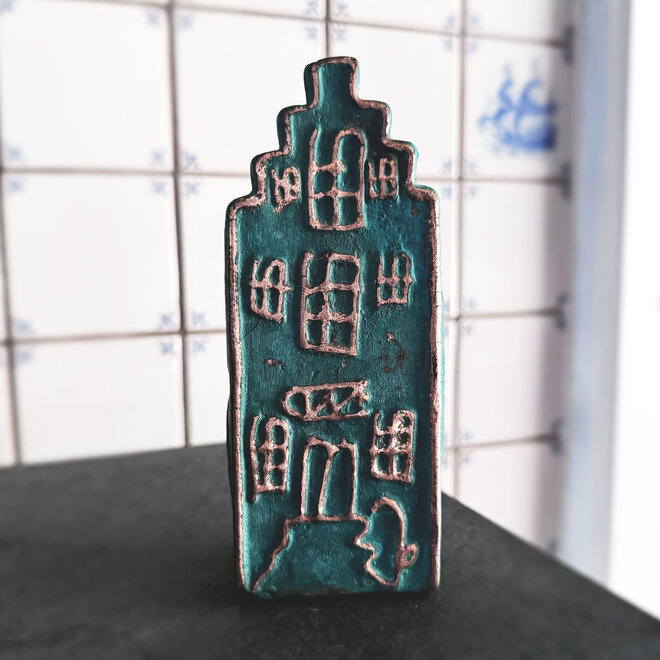 Canalhouses - Rick Triest - Grachtenpand Amsterdam Trapgevel - Brons - 6x5x15 cm - Bronsgroen & Gold - Patina