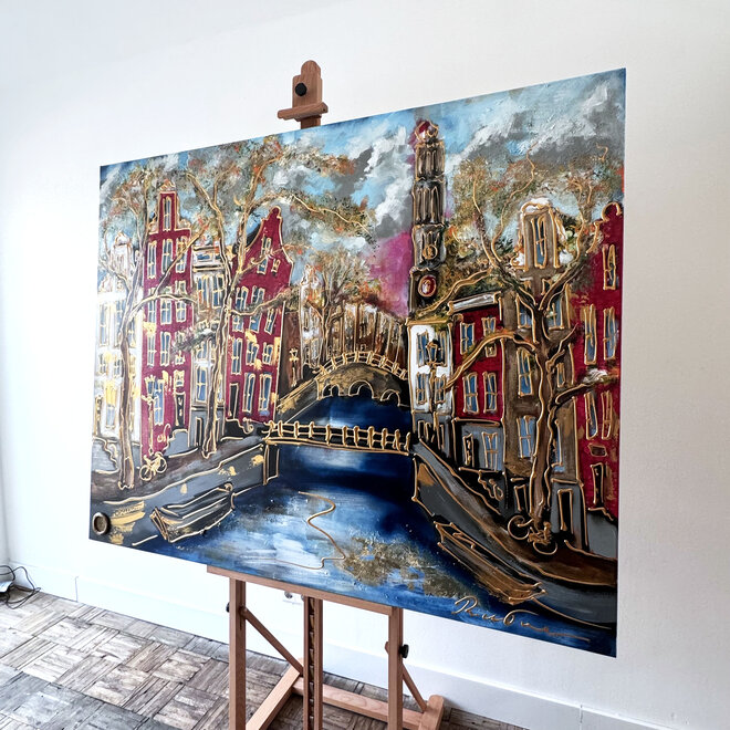 Painting- 120x150cm - Rick Triest - Amsterdam Prinsengracht met zicht op de westerkerk - Herfst