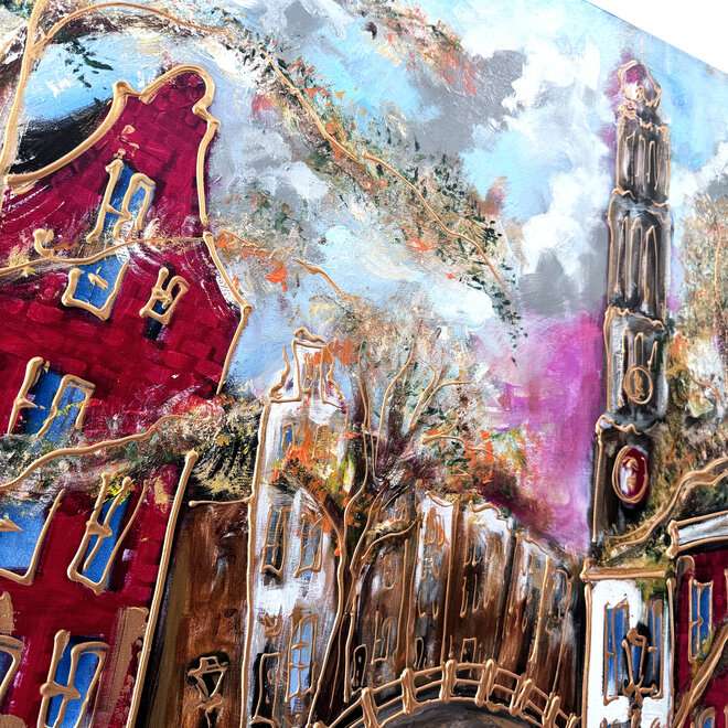 Schilderij- 120x150cm - Rick Triest - Amsterdam Prinsengracht met zicht op de westerkerk - Herfst