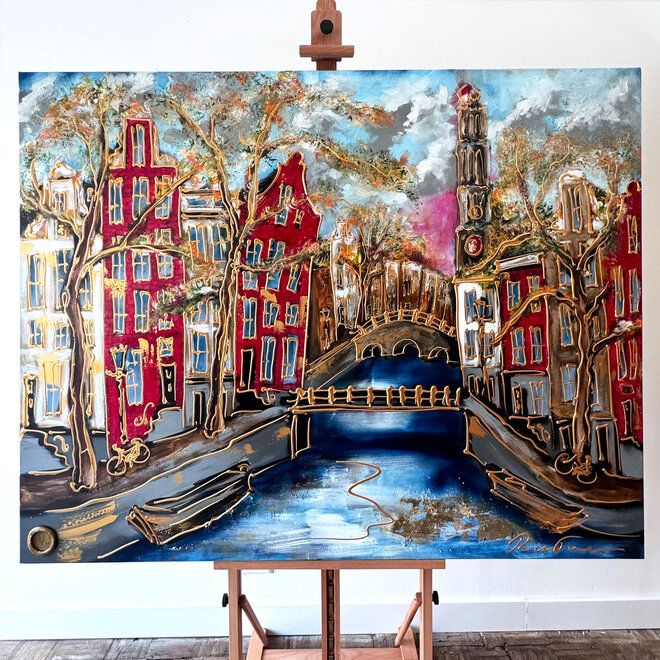 Schilderij- 120x150cm - Amsterdam Prinsengracht met zicht op de westerkerk - Herfst