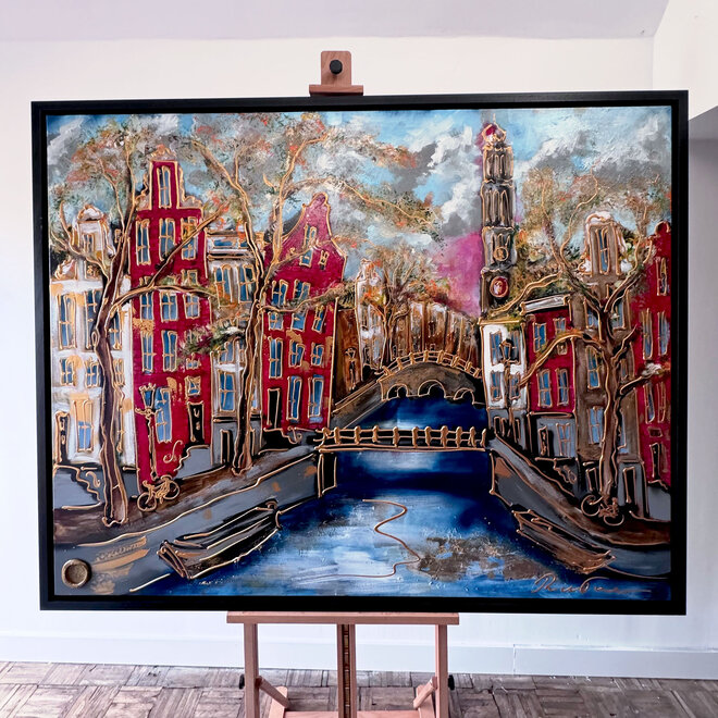 Painting- 120x150cm - Rick Triest - Amsterdam Prinsengracht met zicht op de westerkerk - Herfst