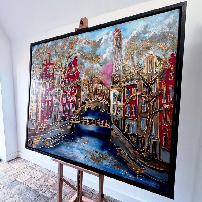 Schilderij- 120x150cm - Rick Triest - Amsterdam Prinsengracht met zicht op de westerkerk - Herfst