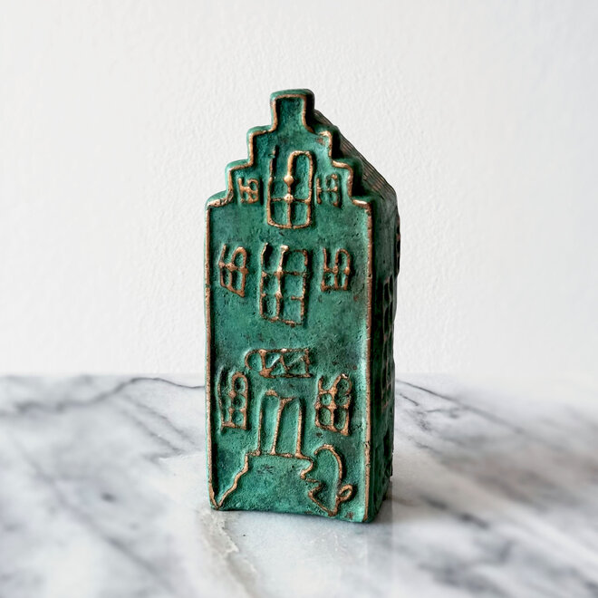Canalhouses - Rick Triest - Grachtenpand Amsterdam Trapgevel - Brons - 6x5x15 cm - Bronsgroen & Gold - Patina