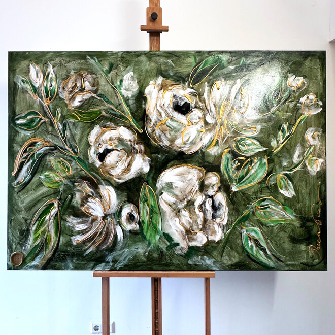 Schilderij -100x150 cm - Luxury Flowers - Rose garden in whites and greens - XL