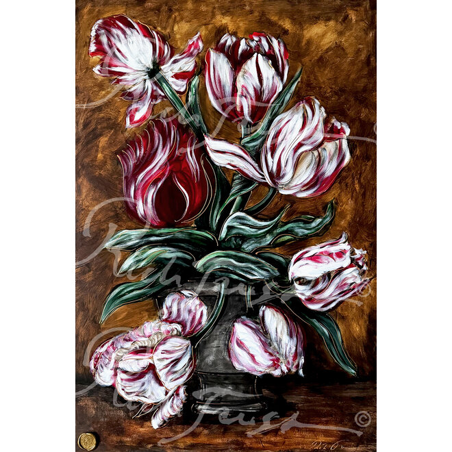 Schilderij -100x150 cm -Rick Triest - Tulpenmanie - Inspired by Dutch masters - Tulpen in vaas #1