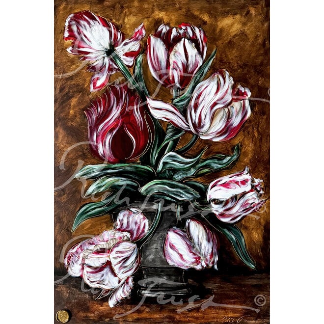 Schilderij -100x150 cm -Tulpenmanie -  Inspired by Dutch masters - Tulpen in vaas #1