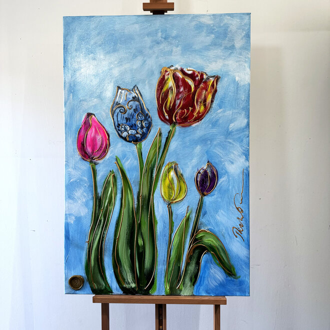 Schilderij - 80x120 cm - Rick Triest - Tulip dream - Sky Blue & Gold - Delft blauw #3