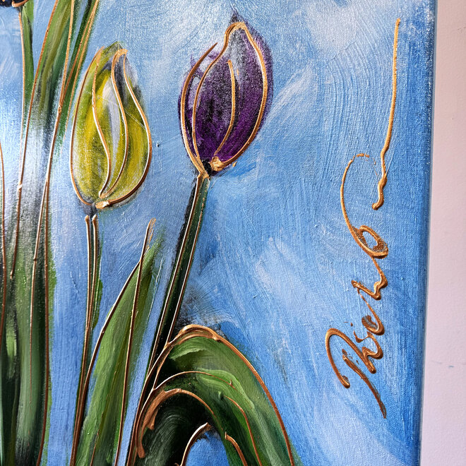 Schilderij - 80x120 cm - Rick Triest - Tulip dream - Sky Blue & Gold - Delft blauw #3