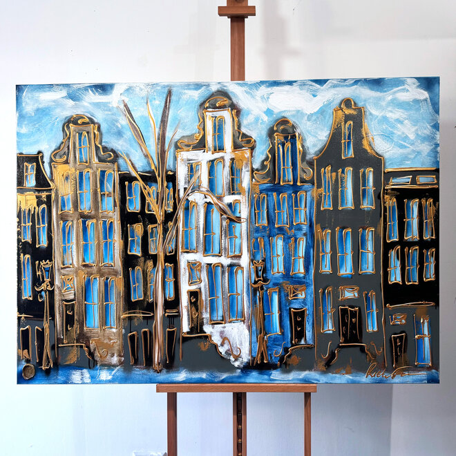 Schilderij- 100x150cm - Rick Triest - Amsterdam Herengracht -Blue & Gold #161