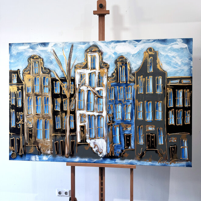 Schilderij- 100x150cm - Rick Triest - Amsterdam Herengracht -Blue & Gold #161