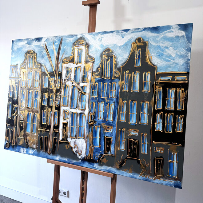 Schilderij- 100x150cm - Rick Triest - Amsterdam Herengracht -Blue & Gold #161