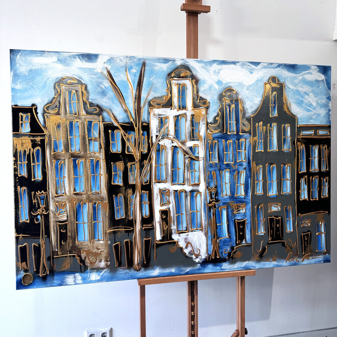 Schilderij- 100x150cm - Rick Triest - Amsterdam Herengracht -Blue & Gold #161
