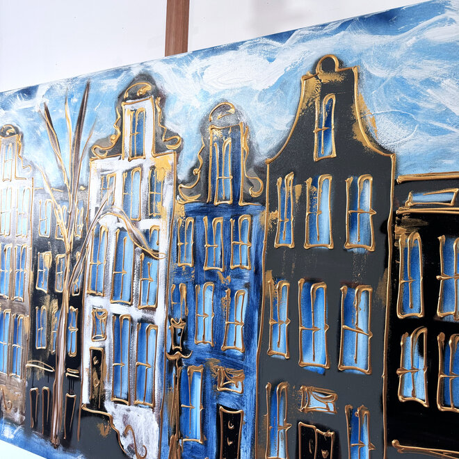 Schilderij- 100x150cm - Rick Triest - Amsterdam Herengracht -Blue & Gold #161