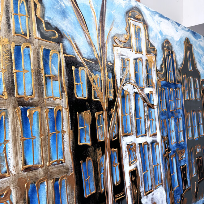Schilderij- 100x150cm - Rick Triest - Amsterdam Herengracht -Blue & Gold #161