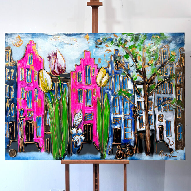 Schilderij- 100x150cm - Rick Triest - Amsterdam Herengracht -Blue & Gold #163