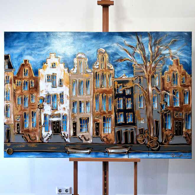 Schilderij- 100x150cm - Amsterdam Herengracht -Blue & Gold #153