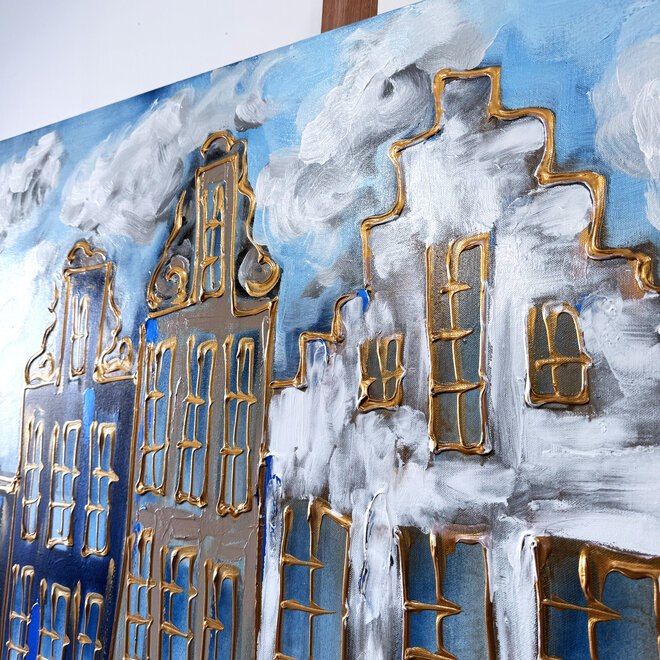 Schilderij- 100x150cm - Rick Triest - Amsterdam Herengracht -Blue & Gold #144
