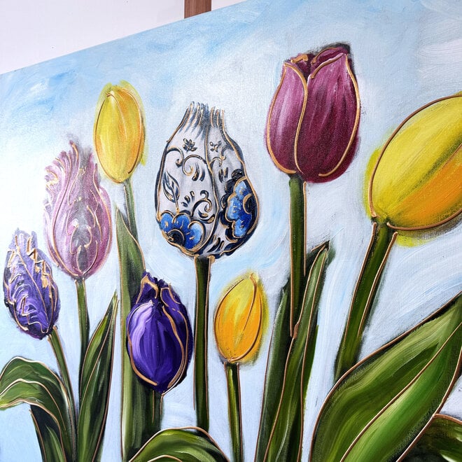 Schilderij - 100x120 cm - Rick Triest - Tulip dream - Sky Blue & Gold - Delft blauw #3